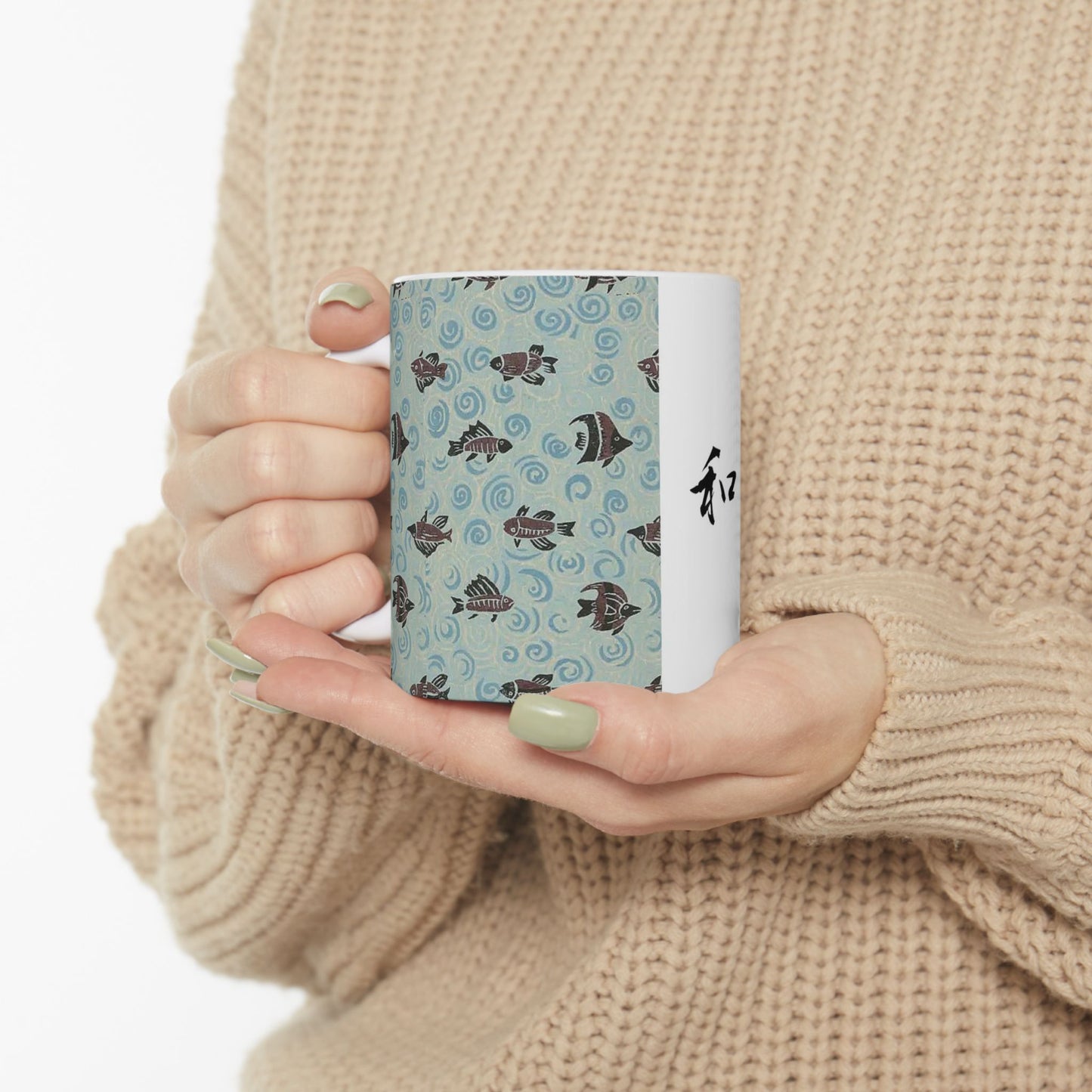 Japanese patterns, traditional Japanese patterns Ceramic Mug | 11oz & 15oz | Zen Waves & Fish Design