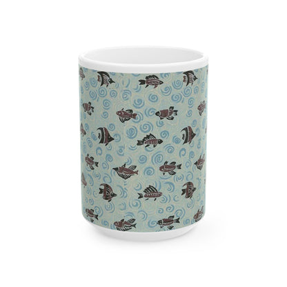 Japanese patterns, traditional Japanese patterns Ocean Waves Fish Ceramic Mug - 11oz & 15oz Coffee Cup for Sea Lovers