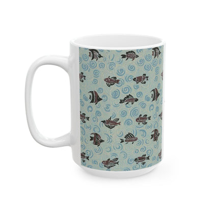 Japanese patterns, traditional Japanese patterns Ceramic Mug | 11oz & 15oz | Zen Waves & Fish Design