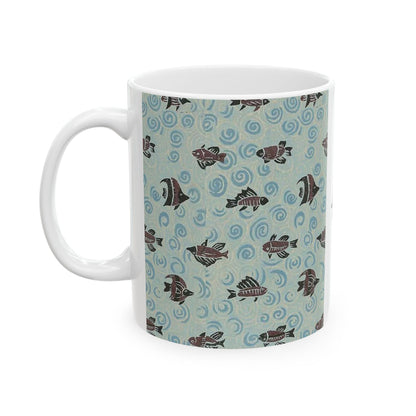 Japanese patterns, traditional Japanese patterns Ceramic Mug | 11oz & 15oz | Zen Waves & Fish Design
