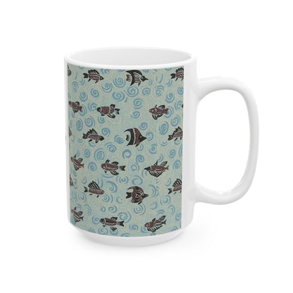 Japanese patterns, traditional Japanese patterns Ceramic Mug | 11oz & 15oz | Zen Waves & Fish Design