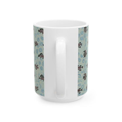 Japanese patterns, traditional Japanese patterns Ceramic Mug | 11oz & 15oz | Zen Waves & Fish Design